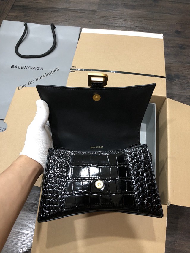 Balenciaga專櫃爆款小號手提女包 巴黎世家鱷魚黑色金扣Hourglass沙漏包 fyj1627